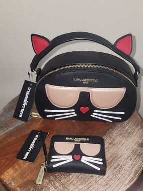 Karl Lagerfeld Paris Black Cat Sunglasses Crossbody Purse Bag Wallet Set NWT